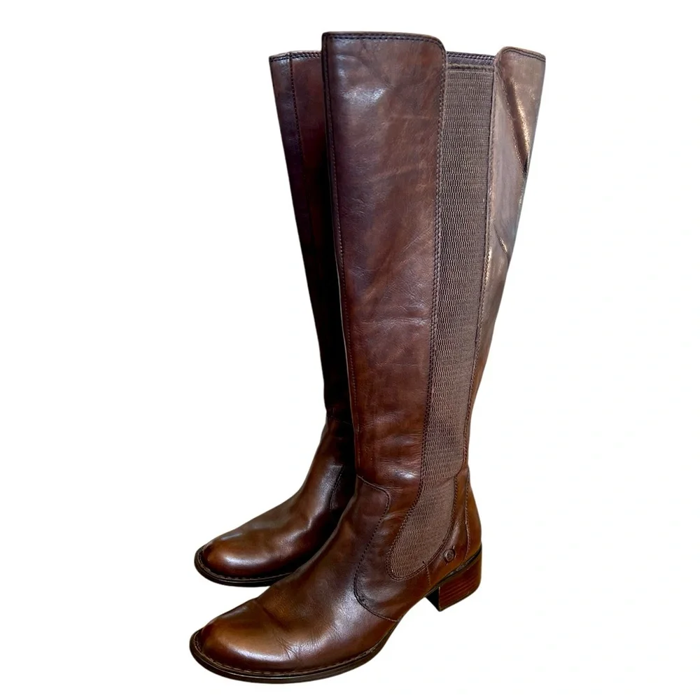 Born Brown Leather Boots with Block Heel 7.5 size stretch calf excellent condit - Picture 2 of 12